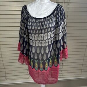 Emma Rose Tunic Top Women XL Navy Pink Paisley Sheer Bell Sleeve Boho Blouse